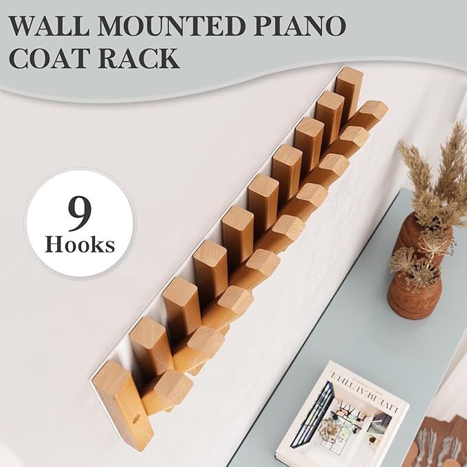 Coat Hooks, Wall Mounted Rack with 9 Retractable Hangers, Solid Wood Slim Holder for Entryway, 17in Natural Finish-1-NeatNest