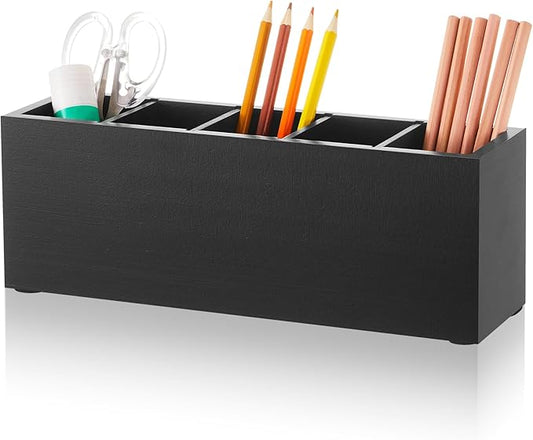 Jetec Wooden Pencil Holder 5 Compartments for Desk Adjustable Pen Holder Wood Office Desk Organizers and Accessories Makeup Brush Organizer for Pen, Home, Office and Art Supplies(Black)-NeatNest