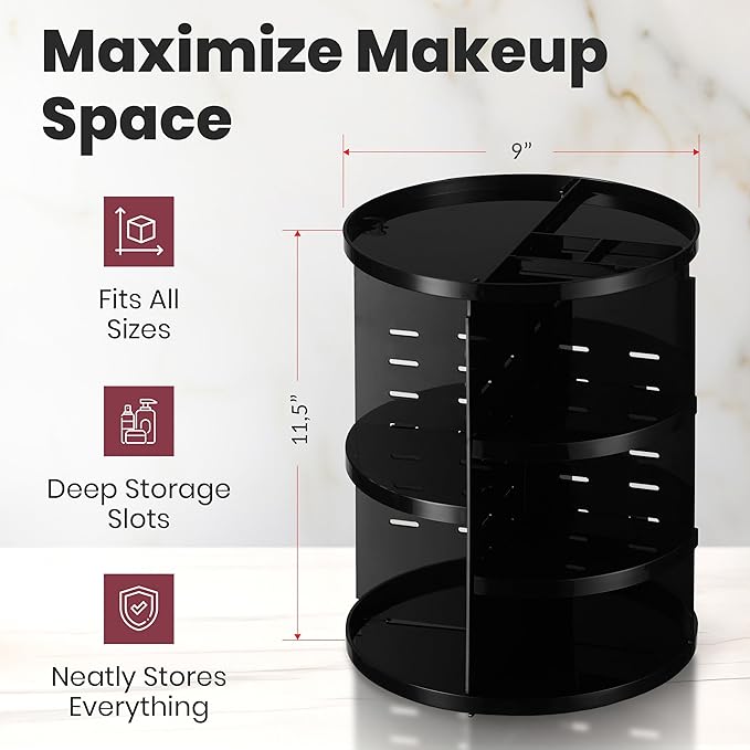 360 Rotating Makeup Organizer - Adjustable Shelf Height and Fully Rotatable. The Perfect Cosmetic Organizer for Bedroom Dresser or Vanity Countertop. (Black)-NeatNest