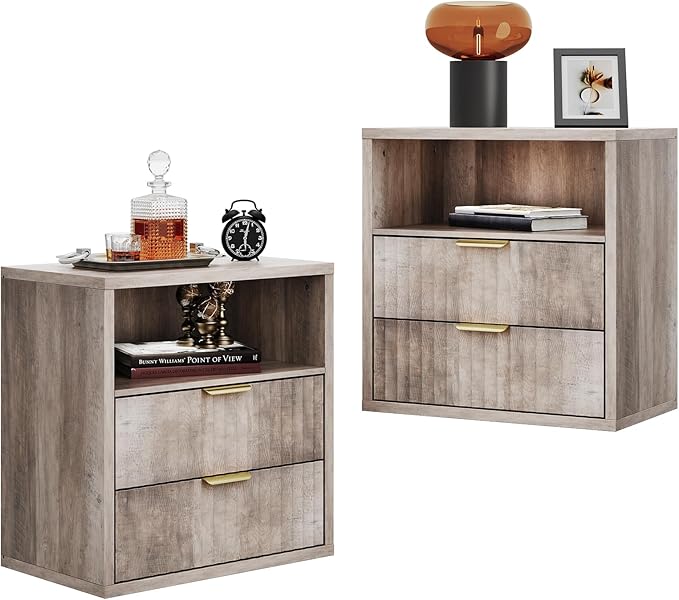 WLIVE Fluted Farmhouse Nightstand Set of 2, Narrow Night Stand Sets with 2 Storage Drawers and Open Shelf, Wood Bed Side Tables for Bedroom, Dorm, Greige