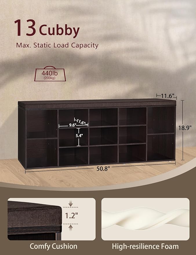 DINZI LVJ Shoe Storage Bench with Cushion, 13-Cubby Shoe Rack, Adjustable Shelves, Multifunctional Shoe Organizer Bench for Entryway, Mudroom, Hallway, Living Room, Bedroom and Garage, Espresso-NeatNest