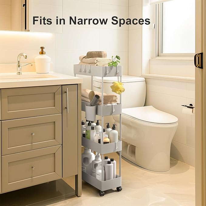 Pipishell Slim Storage Cart with Wheels, 4 Tier Bathroom Storage Organizer Rolling Utility Cart for Bathroom Kitchen Laundry Room Office Narrow Place (Gray)-NeatNest