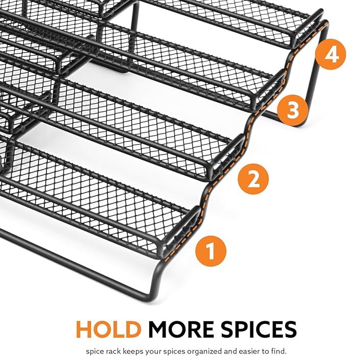 2 Pack Spice Rack Organizer for Cabinet, 4 Tier Expandable Seasoning Organizer Shelf, Spice Holder with Protection Railing, Metal, Black-NeatNest