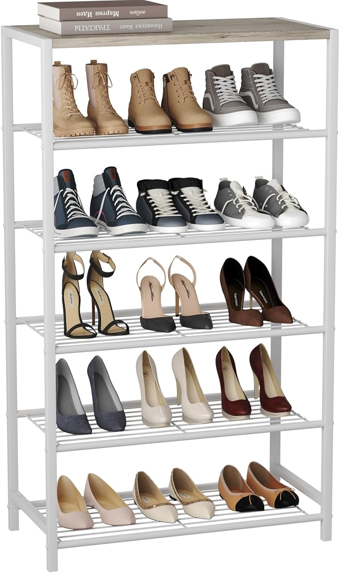 HOMEFORT Shoe Rack 6-Tier, Shoe Storage Shelf, Industrial Shoe Tower, Narrow Shoe Organizer for Closet Entryway, Small Shoe Rack Table with Durable Metal Shelves,White Oak-NeatNest