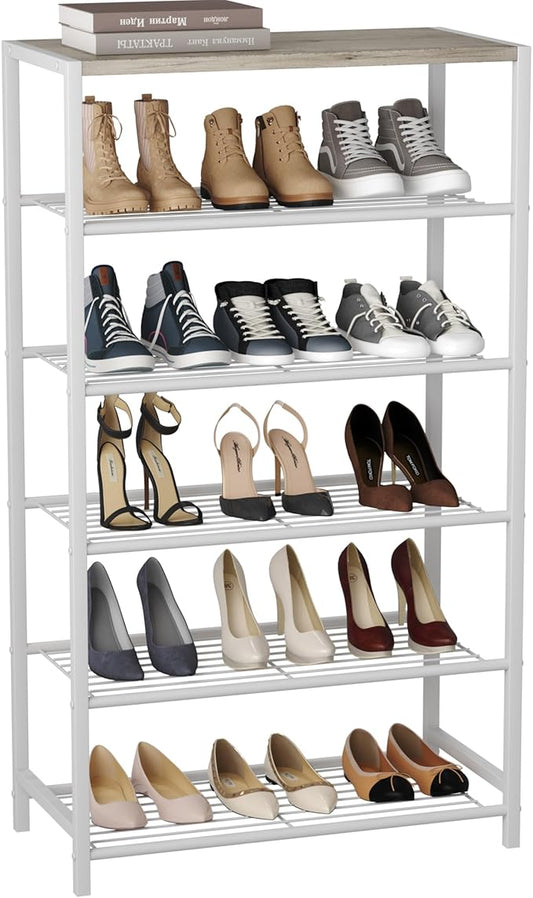 HOMEFORT Shoe Rack 6-Tier, Shoe Storage Shelf, Industrial Shoe Tower, Narrow Shoe Organizer for Closet Entryway, Small Shoe Rack Table with Durable Metal Shelves,White Oak-NeatNest