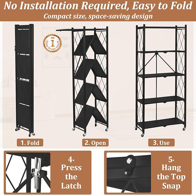 2025 Upgraded Portable 5-Tier Foldable Storage Shelves with Wheels Heavy Duty Storage Shelf Collapsible Shelves Unit Display for Garage Storage Kitchen Pantry & Closet Organizer, Space Black