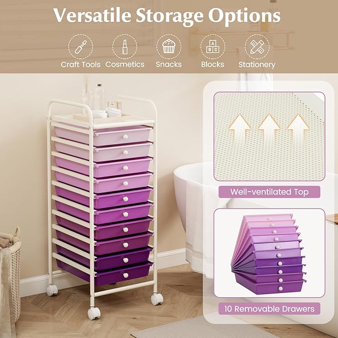 COSTWAY 10-Drawer Rolling Storage Cart, Utility Mobile Trolley with Removable Drawers & Universal Casters & 2 Brakes, Versatile Flexible Drawer Organizer Cart for Home, Office, Purple Gradient-NeatNest