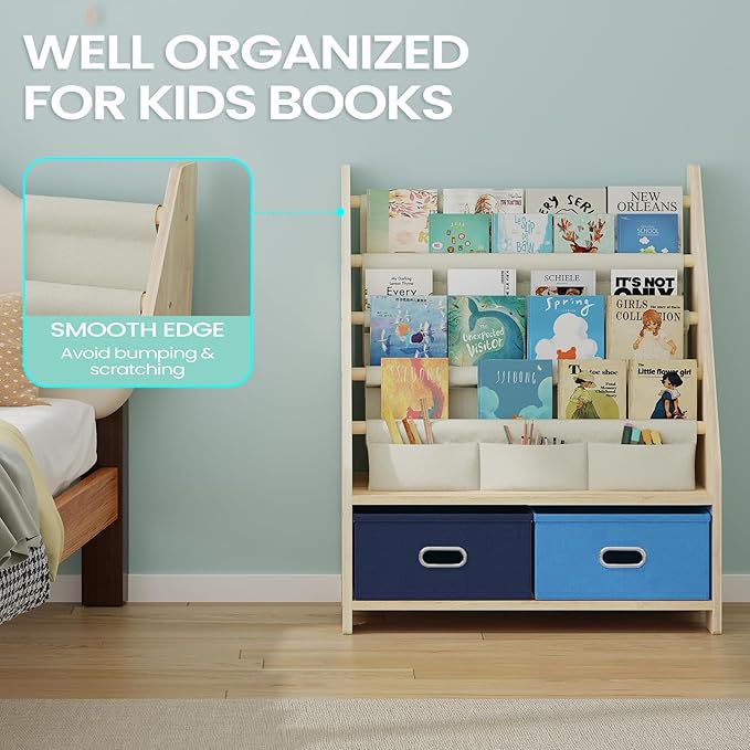 4 Tier Kids Book Shelf, Wooden Kids Book Rack Storage Bookshelf with Toy Storage Organizer, Toddler Sling Bookshelf for Boys, Girls, Kids Room, Blue