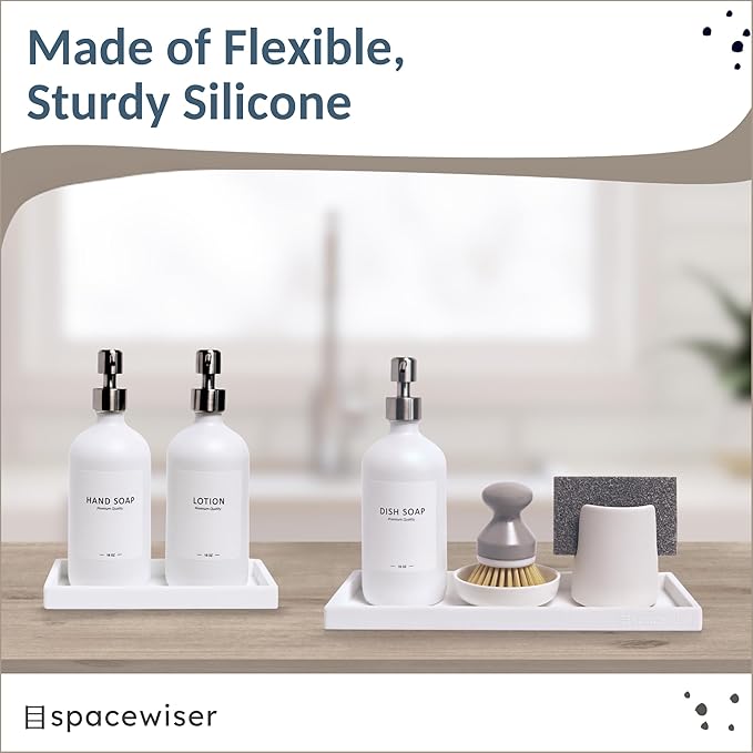 Countertop and Vanity Tray - 2 PC (11” and 7”) Shatterproof Silicone Kitchen and Bathroom Trays for Counter, Kitchen Soap Dispenser Tray, Vanity Trays for Bathroom, Perfume Key Tray-NeatNest