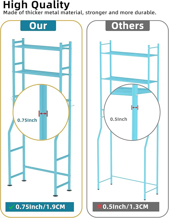 3-Tier Over The Toilet Storage, Freestanding Metal Bathroom Shelves with 4 Hooks, Over Toilet Storage Shelf with Paper Holder, Above The Toilet Shelf for Bathroom Storage, Blue-NeatNest