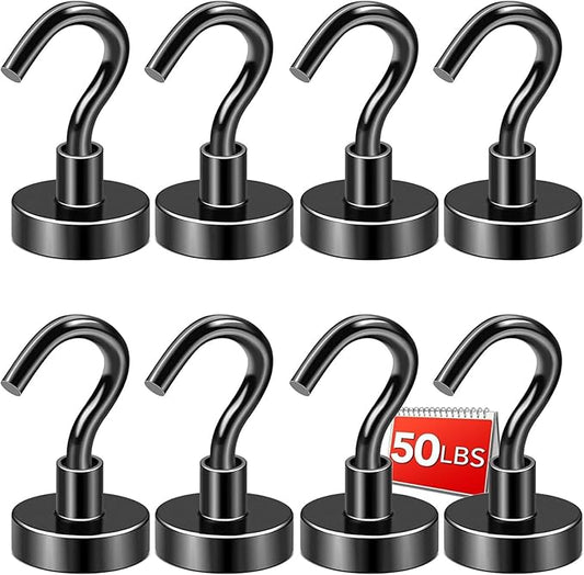 DIYMAG Black Magnetic Hooks, 50 LB Heavy Duty Strong Magnets with Hooks, Strong Rare Earth Neodymium Magnet Magnetic Hooks for Cruise Cabins Cruise Ship Essentials 8 Packs-NeatNest