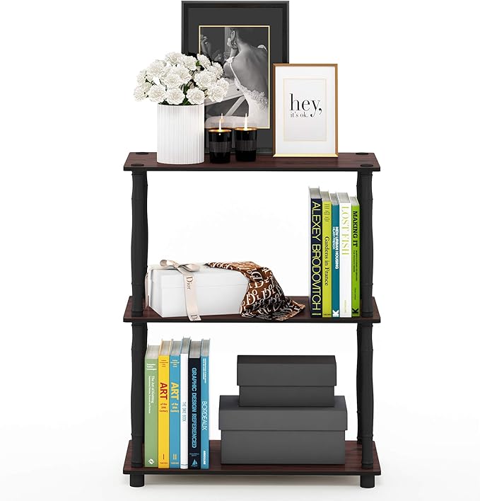 Furinno Turn-N-Tube 3-Tier Compact Multipurpose Shelf Display Rack with Classic Tube, Dark Cherry/Black-NeatNest