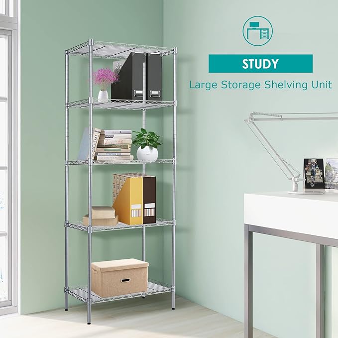 BNSPLY 5 Tier Wire Shelving Unit, Adjustable Wire Rack Shelving, Changeable Metal Wire Storage Shelves for Kitchen, Laundry, Bathroom, Balcony, Pantry (11.4" D x 21.3" W x 59" H, Silver)-NeatNest