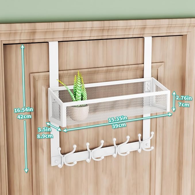 HapiRm Over The Door Hanger - Over The Door Hooks with Mesh Basket and 16 Hooks, 304 Stainless Steel Storage Organizer for Bathroom, Bedroom, Kitchen-White