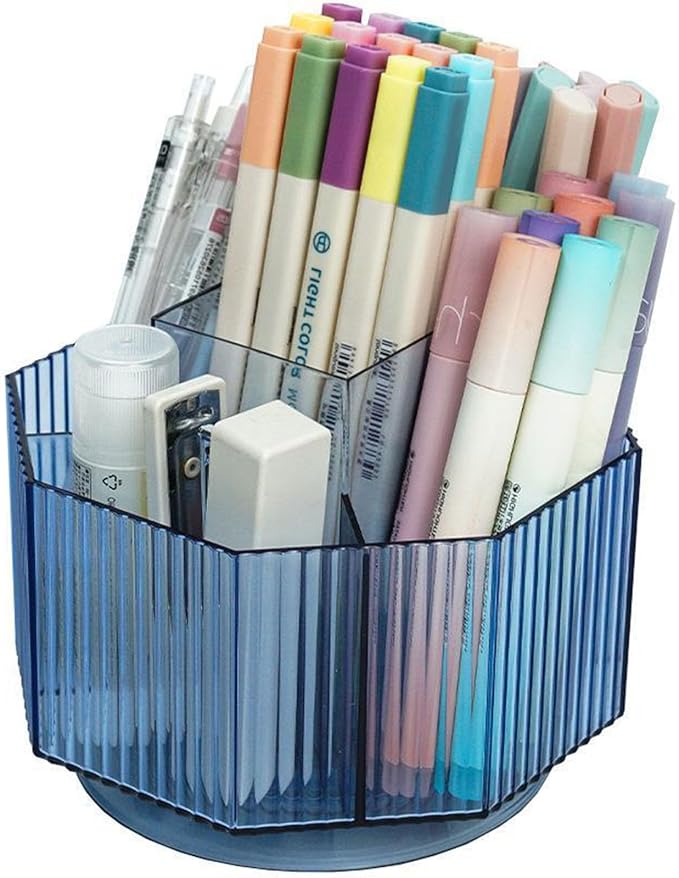 LINFIDITE 360°Rotating Makeup Organizer Holder Cosmetic Display Case Clear Makeup Brush Lip Gloss Organizer Case with 5 Slots Round Turntable Storage Tray for Vanity, Bathroom, Counter Organizer Blue-NeatNest