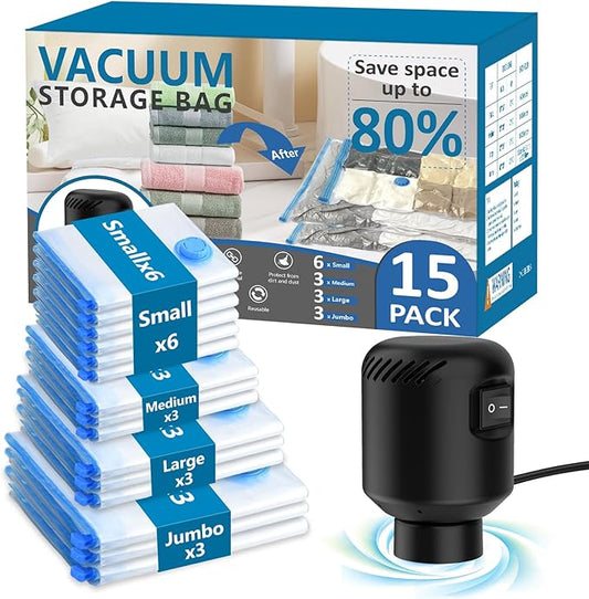 15 Pack Vacuum Seal Bag for Clothing with Electric Air Pump,Space Saver Vacuum Storage Bags for Clothes,Mattress, Blanket, Duvets, Pillows(3 Jumbo/3 Large/3 Medium/6 Small Bags)-NeatNest