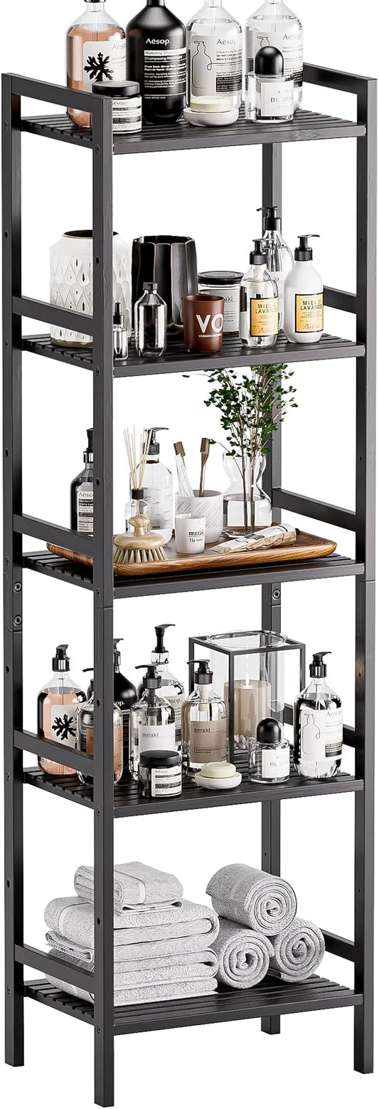HITNET 5 Tier Narrow Bookshelf, Bamboo Bookcase, Slim Tall Storage Rack Free Standing Shelving Unit with Adjustable Shelves for Living Room Bedroom Bathroom, Black