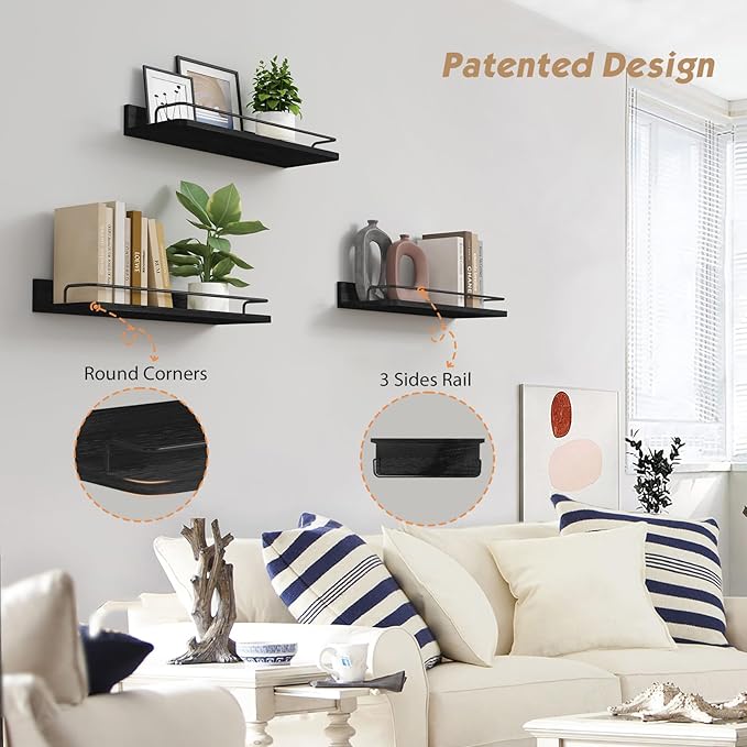 Forbena Black Floating Shelves for Wall, Bahtroom Wall Shelves Over Toilet, Rustic Hanging Shelf with Lip Rail for Bedroom Kitchen Office Living Room Picture Photo Decor, 17 Inch Long-Set of 3-NeatNest