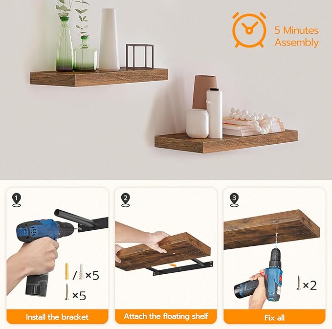 HOOBRO Floating Shelves for Wall, Wall Mounted Shelf Set of 2, 47.2" Hanging Shelf with Invisible Brackets, for Wall Bathroom, Bedroom, Toilet, Kitchen, Living Room, Office, Rustic Brown BF120BJP201-NeatNest