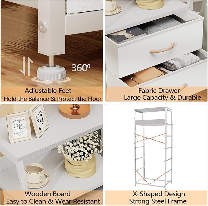 Furnulem White Dresser with 5 Drawers, Vertical Storage Tower Fabric Dresser for Bedroom, Hallway, Entryway, Nursery, Closet Organizer, Nightstand Bedside Table Furniture, Sturdy Steel Frame, Wood Top-NeatNest