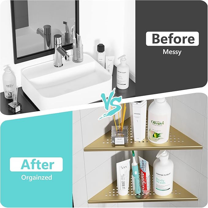2 Pack Bathroom Corner Shelf, Recessed 12" Corner Shower Shelf, SUS304 Stainless Steel Triangular Wall Mount, No Drilling, Brushed Golden