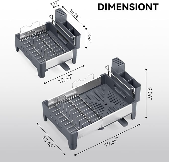 Expandable Dish Drying Rack, Stainless Steel Dish Rack with Aluminum Frame, Dish Racks for Kitchen Counter, Space Saving Kitchen Drying Rack with Movable Utensil Holder,Gray