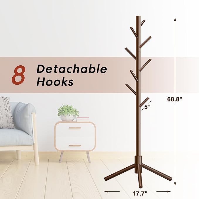 Wooden Coat Rack, Free Standing Coat Rack with 8 Hooks 3 Adjustable Heights for Clothes, Hats, Handbags, Coat Tree Easy Assembly for Entryway, Bedroom, Hallway, Office (New Brown)-NeatNest