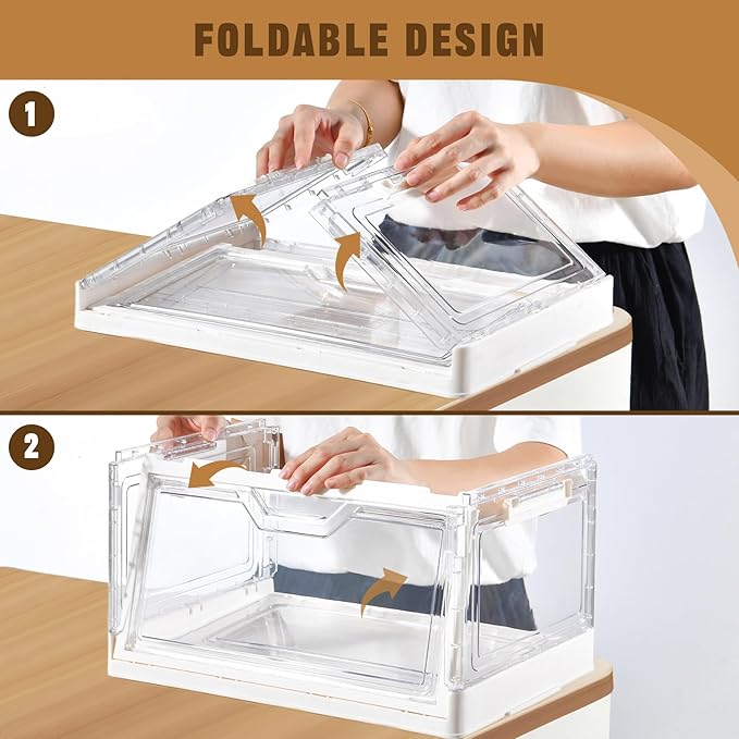 Collapsible Plastic Storage Bins with WheelsClear Stackable Storage Bins with Lid Stackable Storage Bins with Open Door Folding Storage Bins Organizer for Closet Bedroom Living Room-NeatNest