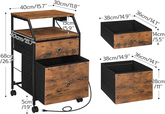 HOOBRO 2-Drawer Mobile File Cabinet, Filing Cabinet with Charging Station, Printer Stand with Open Storage Shelf, for A4/Letter Size, Home Office, Nonwovens Drawer, Rustic Brown and Black BF10UWJ01