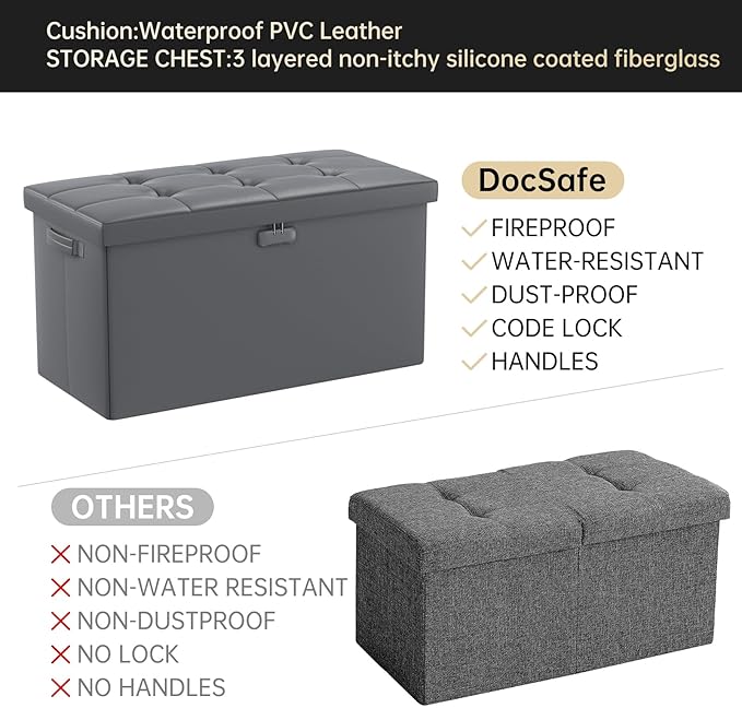 DocSafe Storage Ottoman Bench with Lock,Fireproof 30 Inches Folding Bench Foot Rest Stool Storage Chest Safe for Living Room,Bedroom,Home Office,Waterproof Leather Ottoman with Handles,Gray-NeatNest