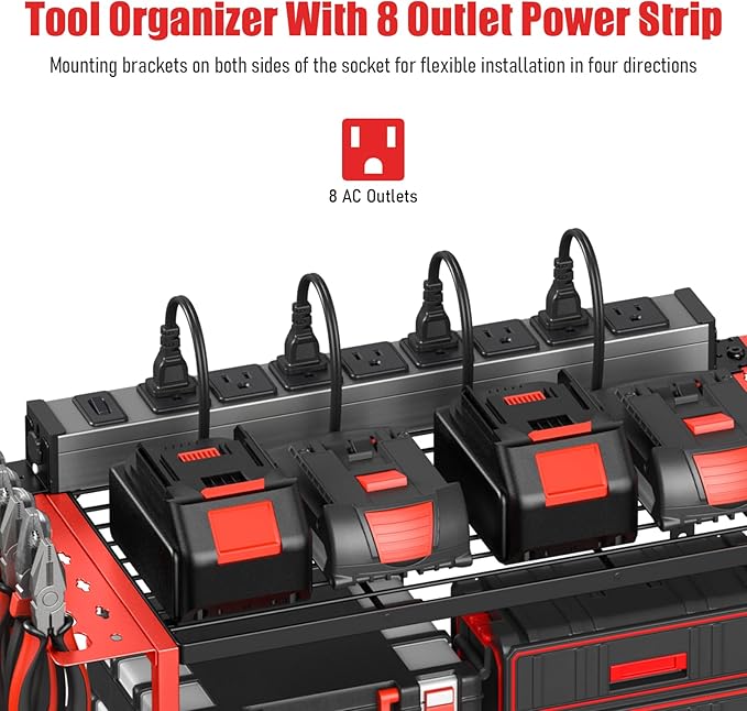 JUNNUJ Tool Organizer with Charging Station, 3 Layers Wall Mount Garage Tools Storage with 8 Outlets Power Strip, 4 Drills Holder Battery Heavy Duty Metal Shelf, Utility Rack with Hooks, Red