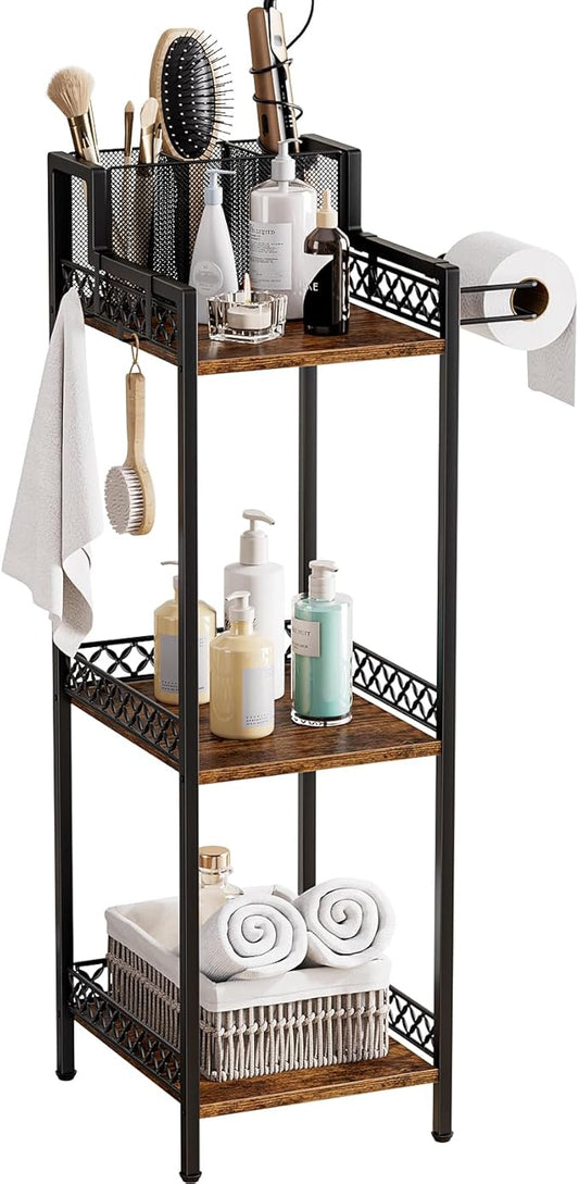 3-Tier Bathroom Shelf Organizer with Hair Dryer Holder and Toilet Paper Hook, 9.85" Slim Metal Stand for Small Spaces, Holds 50lbs - Freestanding Storage for Towels, Toiletries-NeatNest