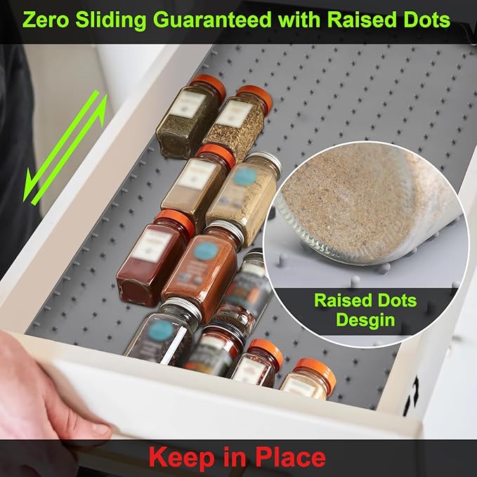 Gosmol Spice Drawer Organizer insert, Adjustable & Non-Slip Silicone Spice Drawer Liner for Seasoning Jars and Spice Bottles, Set of 2-Grey-NeatNest