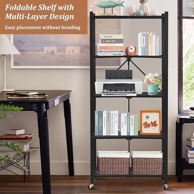 2025 Upgraded Portable 5-Tier Foldable Storage Shelves with Wheels Heavy Duty Storage Shelf Collapsible Shelves Unit Display for Garage Storage Kitchen Pantry & Closet Organizer, Space Black