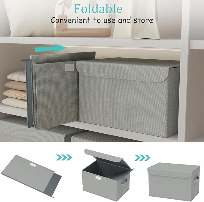Foldable Storage Bin, Cube Organizer Basket with Flip-Top Lid and 2 Handles, Decorative Boxes for Shelves with Cover for Clothes, Towels, Blanket, 4 Pack, Grey, 13 x 9 x 7.9 In, XSNY12GM-4-NeatNest