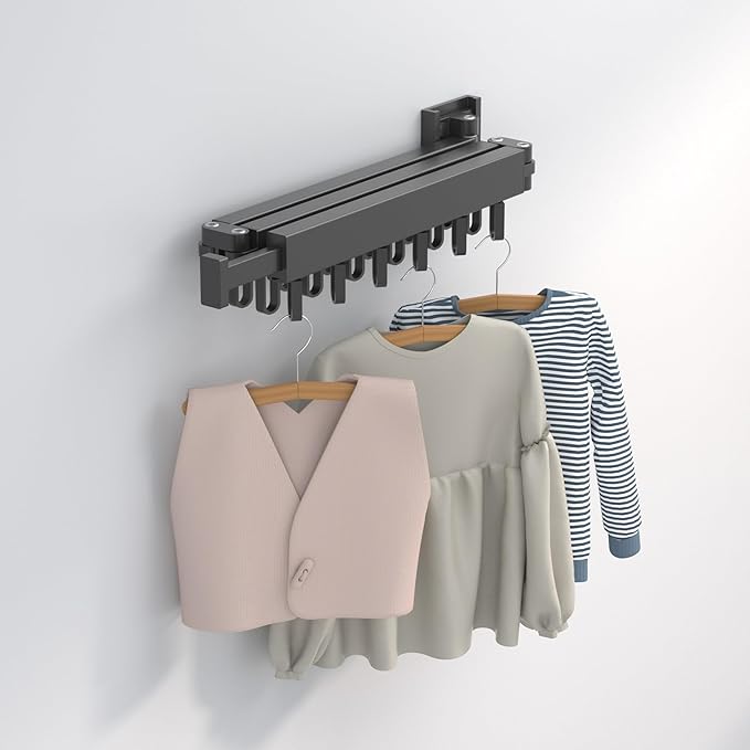 Clothes Drying Rack, Laundry Drying Rack Wall Mount for Bathroom, Retractable and Foldable Clothes Hanging Rack with U-Hooks for Laundry Room, Balcony, Closet, Bedroom(Tri-Fold), Black-NeatNest