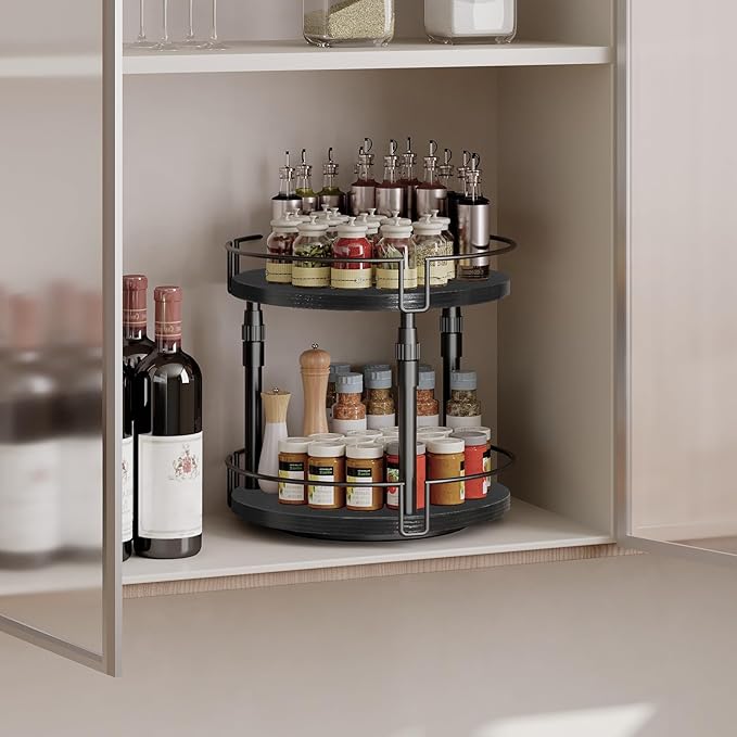 HOOBRO Lazy Susan Organizer Spice Rack, 2-Tier Height Adjustable Rotating Lazy Turntable Spice Organizer, for Kitchen Countertop and Cabinet, Black BB05TL01-NeatNest
