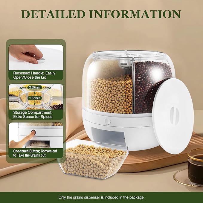 360° Rotating Grains Dispenser, 6 Grids Dry Food Dispenser, Round Multigrain Tank Cup Dry Rice Container with Sealed Lid, Grains Cans Grain Storage Tank for Home Kitchen, Can Hold 13lbs, White-NeatNest