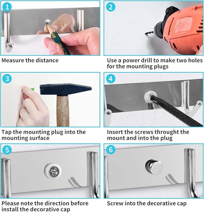 Coat Rack Wall Mount, (2-Pack) 6 Hooks for Hanging, Stainless Steel Wall Hooks-NeatNest