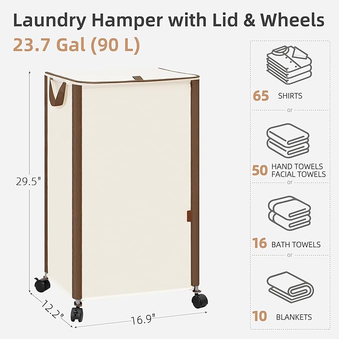 STORAGE MANIAC Rolling Laundry Hamper with Lid, 23.7 Gal (90 L) Large Tall Laundry Basket with Wheels & Handles, Aesthetic Dirty Clothes Hamper for Small Space, Dorm, Apartment, College, Beige