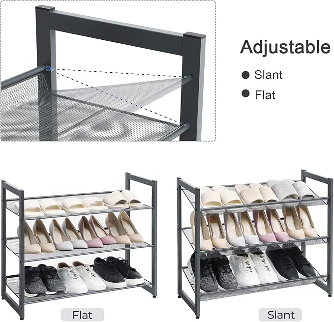 SONGMICS Shoe Rack, 3-Tier Shoe Organizer, Metal Shoe Storage for Garage, Stackable Shoe Shelf, with Adjustable Flat or Angled Shelves, 9-12 Pairs, Charcoal Gray ULMR03GB-NeatNest