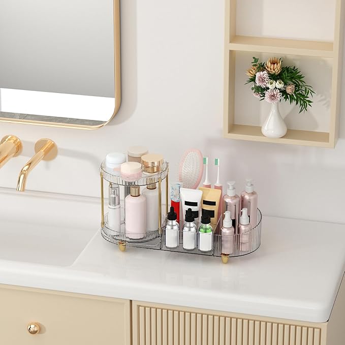 Makeup Organizer Countertop for Vanity, Rotating Perfume Tray with 5-compartment Cosmetic and Skincare Organizers, Multi-Purpose Desk Storage Makeup Brush Holder for Bathroom Bedroom Counter-NeatNest