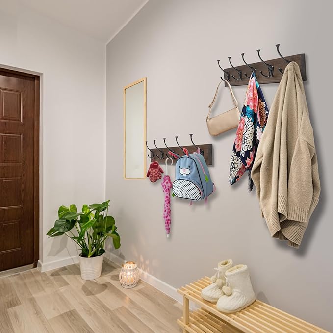 IBosins 2 Pack Coat Rack Wall Mount, 17'' Old Wood Color Coat Hanger, Rustic Wooden Metal Coat Hooks Rail for Entryway Living Room Coat Jacket Scarf Bag Towel Hat