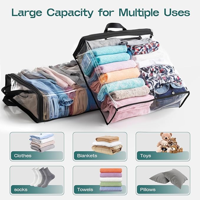 5PACK Clear Zippered Storage Bags for Clothes, 22L Closet Organizers Bag, and Blanket Storage Bags for Bedding, Linen, Blankets, Comforters, Clothing & Toys (Black)-NeatNest