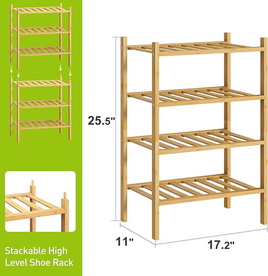 BMOSU 4-Tier Bamboo Small Shoe Rack Premium Stackable Shoe Shelf Storage Organizer for Hallway Closet Living Room Entryway Organizer (Natural Bamboo)-NeatNest