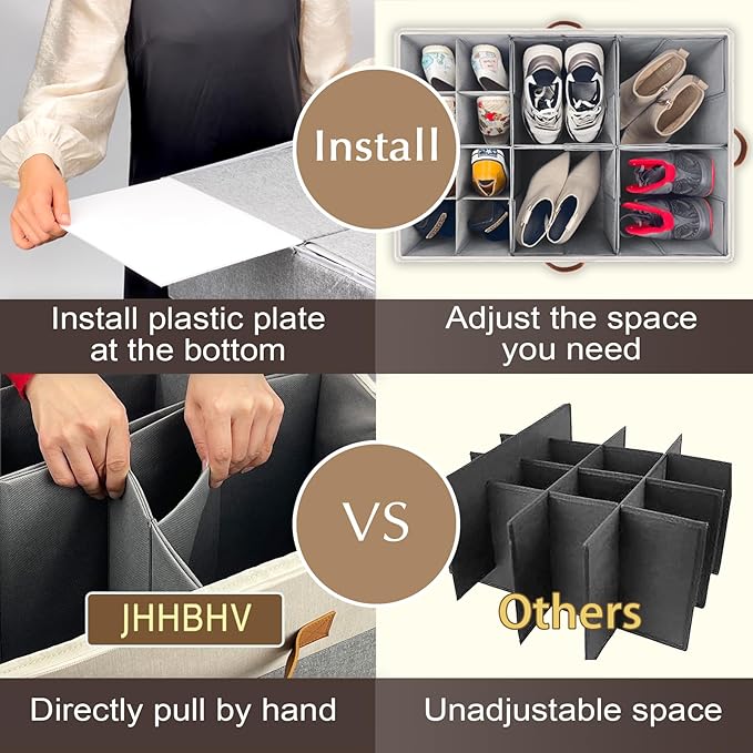2 Pack Shoe Organizer for Closet, Adjustable Shoe Box Storage Containers, Large Foldable Shoe Bins with Clear Cover, Space Saving Shoes Holder with 4 Handles, Fits 24-48 Pairs, Beige-NeatNest