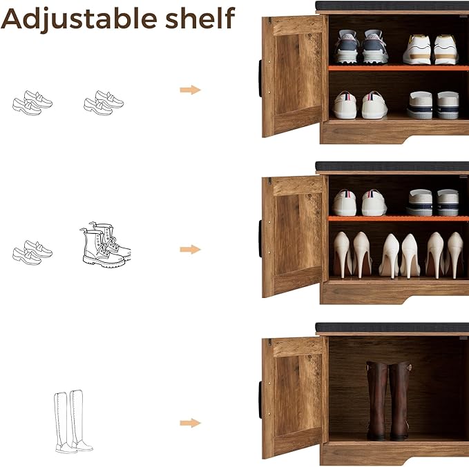 2-Tier Storage Bench, Shoe Bench with Padded Seat Cushion, Entryway Bench with 4 Barn Doors, Adjustable Shelf, 13.8" D x 47.2" W x 17.7" H, for Entryway, Living Room, Bedroom, Rustic Walnut-NeatNest