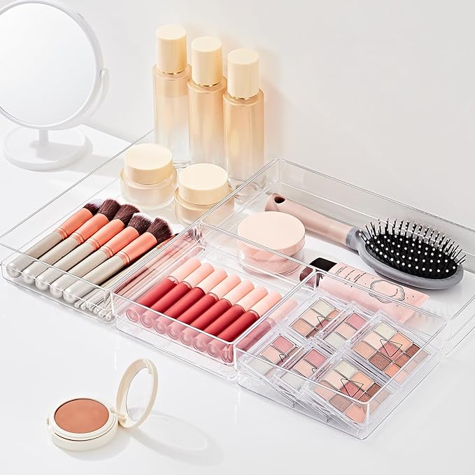 SMARTAKE 6 PCS Clear Plastic Drawer Organizers Set, Large Size Non-Slip Desk Drawer Organizer, 2-Size Versatile Bathroom and Vanity Drawer Organizer Trays for Makeup, Bedroom, Office, Kitchen Utensils-NeatNest