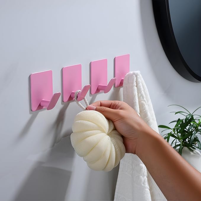 DELITON Light Pink Wall Decor Hooks, Stainless Steel Towel Hooks for Bathrooms Kitchen Kids Room Heavy Duty, 4 Pack-NeatNest