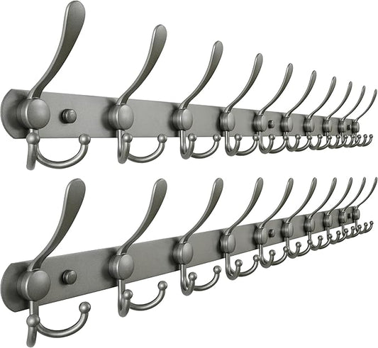 Dseap Coat Rack Wall Mount - 38” Long 10-Tri-Hooks Heavy Duty Coat Hanger Rail Wall Hooks for Hanging Coats Hats Clothing Clothes Purse Mudroom Entryway, Gray, Pack of 2-NeatNest